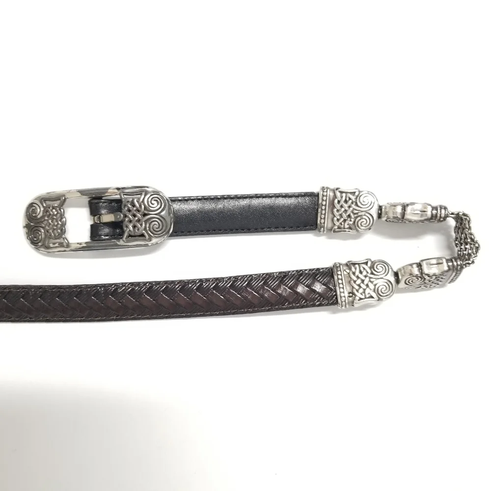 Vintage Black/Brown Reversible Leather Belt Mesh & Etched Brass Sz 30/M